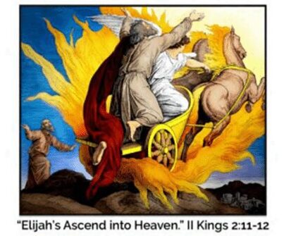 Elijah ascends to heaven in a fiery chariot.