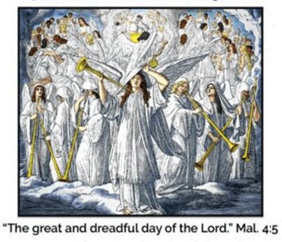 Angels in white robes with golden trumpets, symbolizing the day of the Lord.